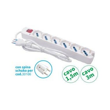 MULTIPRESA 6 USCITE UNIVERSALI INTERR SPINA 16A CAVO 3 mt 3500W BIANCA