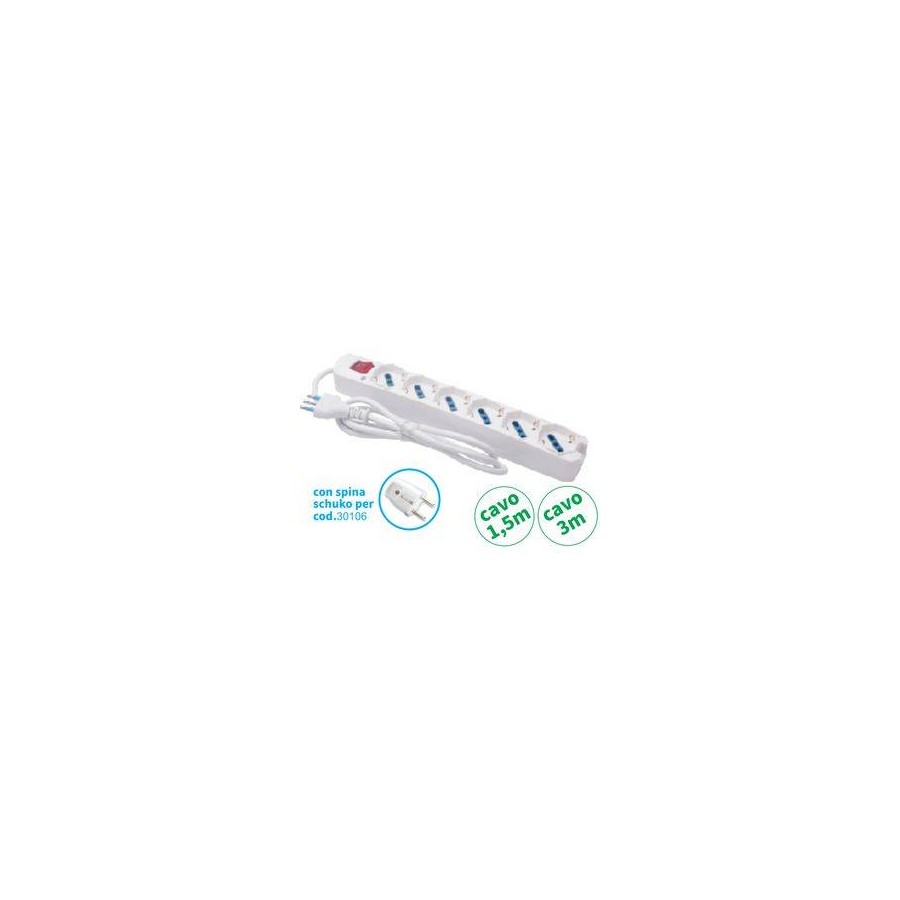 MULTIPRESA 6 USCITE UNIVERSALI INTERR SPINA 16A CAVO 3 mt 3500W BIANCA MULTIPRESA 6 USCITE UNIVERSALI INTERR SPINA 16A CAVO 3 mt 3500W BIANCA