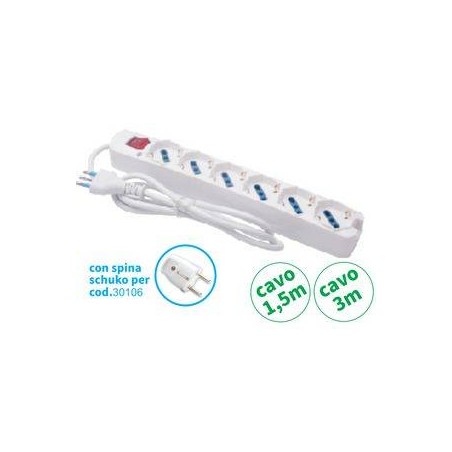 MULTIPRESA 6 USCITE UNIVERSALI INTERR SPINA 16A CAVO 3 mt 3500W BIANCA