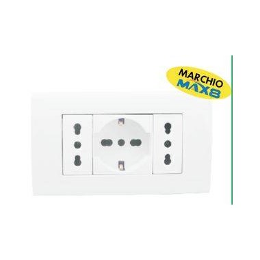KIT 4 MODULI C/SUPPORTO+PLACCA+2 PRESE BIPASSO+1 PRESA UNIVERSALE BIANCO