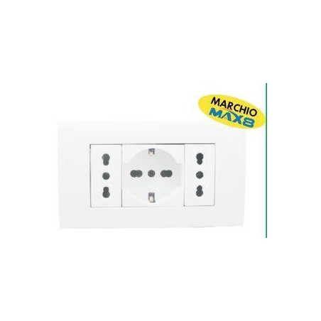 KIT 4 MODULI C/SUPPORTO+PLACCA+2 PRESE BIPASSO+1 PRESA UNIVERSALE BIANCO