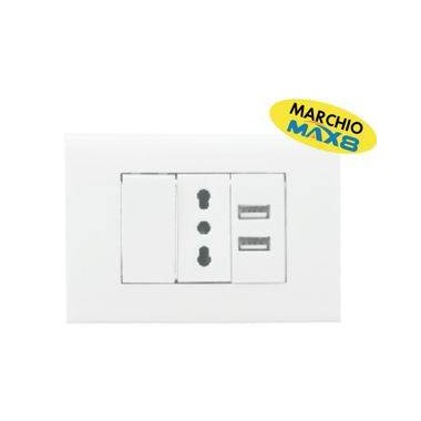 KIT 4 MODULI C/SUPPORTO+PLACCA+PRESA BIPASSO+2 USB 2.1A+INT UNIP BIANCO