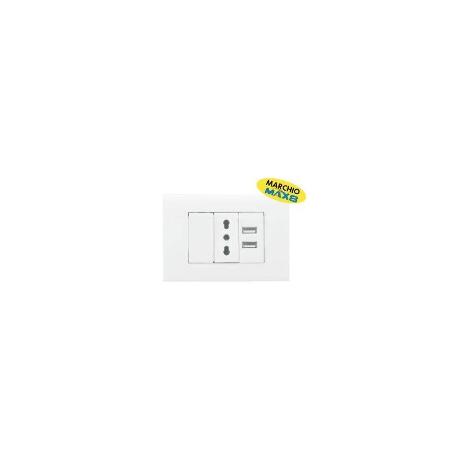 KIT 4 MODULI C/SUPPORTO+PLACCA+PRESA BIPASSO+2 USB 2.1A+INT UNIP BIANCO KIT 4 MODULI C/SUPPORTO+PLACCA+PRESA BIPASSO+2 USB 2.1A+INT UNIP BIANCO