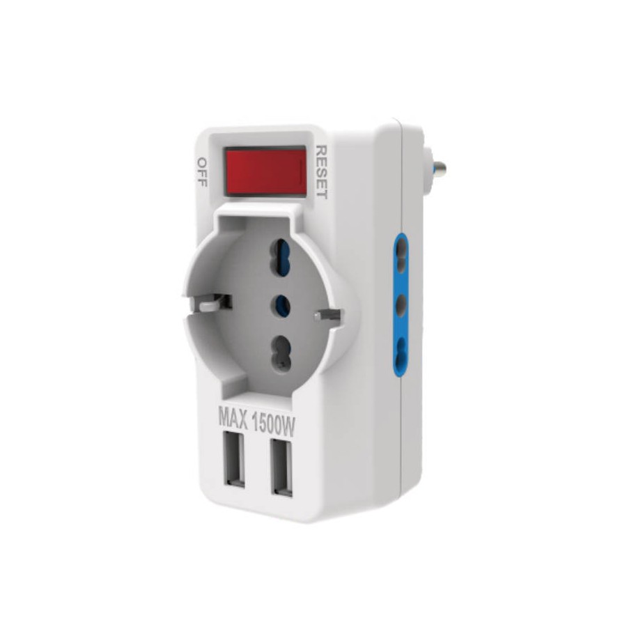 ADATTATORE PROT SOVRACCARICO SPINA 10A 1 PRESA P40 2 BIPASSO 2 USB A+A ADATTATORE PROT SOVRACCARICO SPINA 10A 1 PRESA P40 2 BIPASSO 2 USB A+A