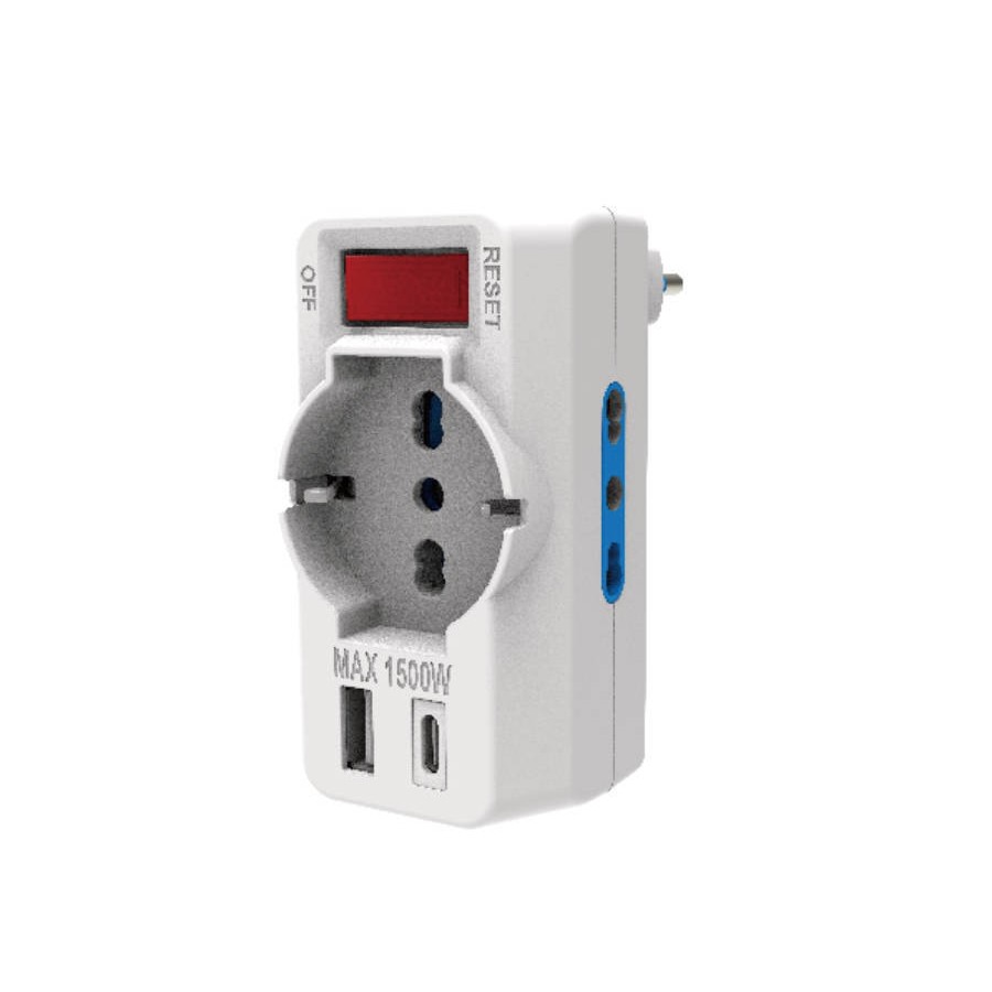 ADATTATORE PROT SOVRACCARICO SPINA 10A 1 PRESA P40 2 BIPASSO 2 USB A+C